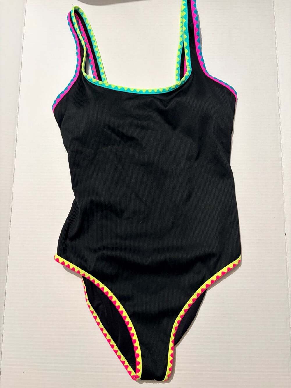Popvil Black Ribbed One-Piece Swimsuit with Colorful Geometric Trim Size L